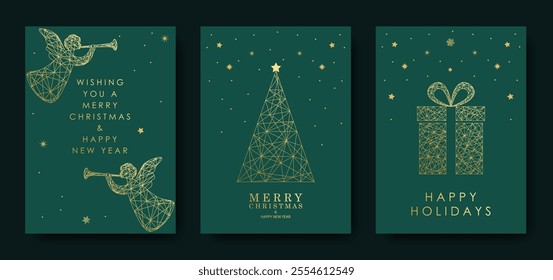 Merry Christmas and Happy New Year, luxury golden postcard, greeting, poster, set of vector holiday illustrations. Angel, New Year tree, gift on green background.