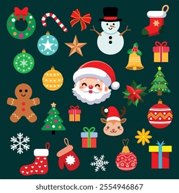 Merry Christmas and HAPPY NEW YEAR element vector. Christmas ornament, Santa hat, icon symbol, gift, star shape, December, icon set, holly, Santa Claus, sticker, shadow, illustrator vector