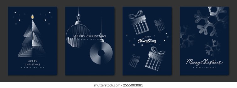 Merry Christmas and Happy New Year greeting card vector set. Luxury invitation with Christmas tree, bauble, gift, spot texture on navy blue background. Design illustration for season's card, ads.