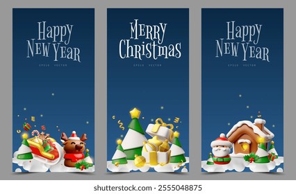 Merry Christmas and Happy New Year 3D plastic style flyers design vector set. Cartoon deer with sledge full of gifts, Santa Claus with gingerbread house on clouds. Winter holiday gift box and fir tree