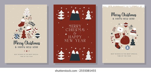 Merry Christmas and Happy New Year, luxury brochure covers, cards, greetings, posters, and holiday vector illustration set. Snowflakes, Christmas tree. 