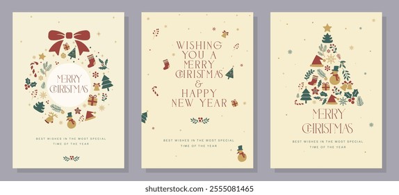 Merry Christmas and Happy New Year, luxury brochure covers, cards, greetings, posters, and holiday vector illustration set. Snowflakes, Christmas tree. 