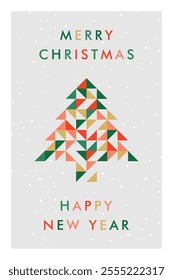 Merry Christmas and Happy New Year greeting card, poster, holiday background. Minimalist geometric elements, Flat design, Cristmas tree.