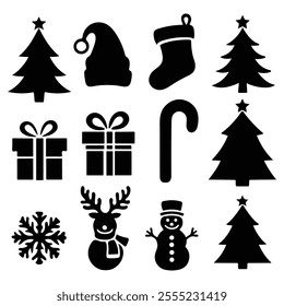 Merry Christmas and Happy New Year! 2025. Vector modern geometric abstract illustration of Santa Claus, christmas tree, fir tree toys and balls, snowman, gift for greeting card, for congratulation