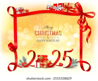 Merry Christmas and Happy New Year background with a 2025 numbers and a red ribbon. Vector.