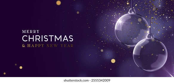 Merry Christmas and Happy New Year banner. Realistic 3d design Elegant Christmas glass ornaments hanging on ribbon, golden confetti on dark purple background. Xmas two bauble ball. Vector illustration