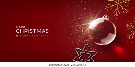 Merry Christmas and Happy New Year background. Christmas realistic 3d transparent ornament, glass star, flat top view, gold metallic snowflakes and confetti. Dark red background. Vector illustration