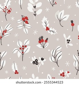 Merry Christmas, Happy New Year seamless pattern. Winter elegant floral forest. Fir cone, holly leaves, berries for greeting cards, wrapping papers. Seamless winter pattern. Vector illustration