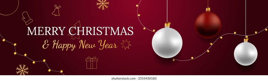 Merry Christmas and Happy New Year vector banner. Realistic rose gold and red baubles, snowflakes hanging on dark red background with realistic garland and confetti. Background gold Christmas icon