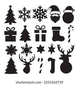Merry Christmas and Happy New Year! 2025. Vector modern geometric abstract illustration of Santa Claus, christmas tree, fir tree toys and balls, snowman, gift for greeting card, for congratulation
