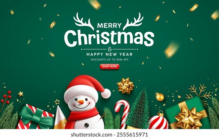 Merry christmas and Happy new year sale ornaments, snowman and gold ribbon greeting card banner design on green background, Eps 10 vector illustration