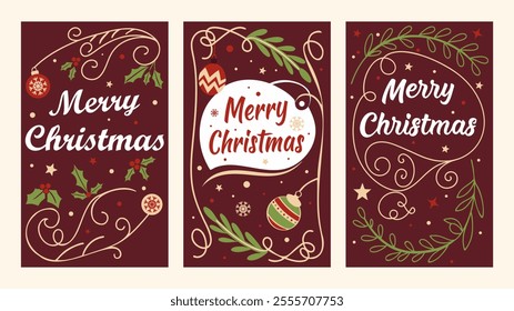 Merry Christmas and Happy New Year greeting card Set. Three vibrant Christmas cards display joyful greetings in artistic lettering, adorned with holiday ornaments and decorative elements.