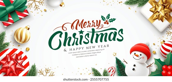 Merry Christmas and Happy new year ornaments, snowman and gift box greeting card banner design isolated on white background, Eps 10 vector illustration