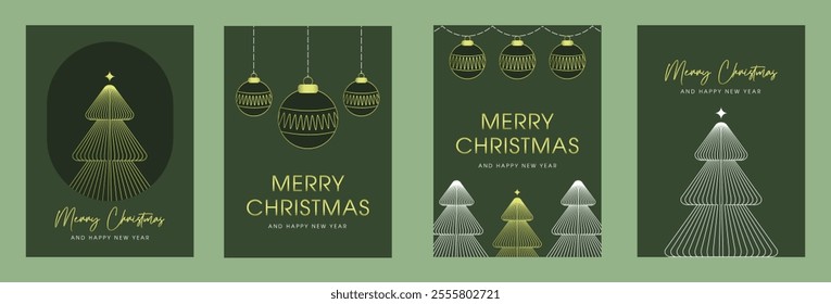 Merry Christmas and Happy New Year greeting card set. tree line art design with color gradient seasons greeting vector