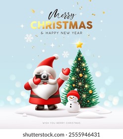 Merry Christmas and Happy new year, Santa claus hand holding photo camera, snowman, pine tree, poster design on snow blue background, Eps 10 vector illustration