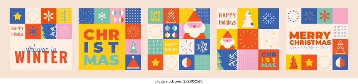 Merry Christmas and Happy New Year banners or cards in bauhaus style. Winter geometric design for greeting cards, posters, holiday cover, banner in swiss style. Vector illustration