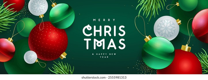 Merry Christmas and Happy New Year holiday poster or banner with 3D colorful ball spheres. Christmas green background. Vector illustration