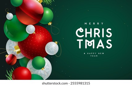 Merry Christmas and Happy New Year holiday poster or banner with 3D colorful ball spheres. Christmas green background. Vector illustration