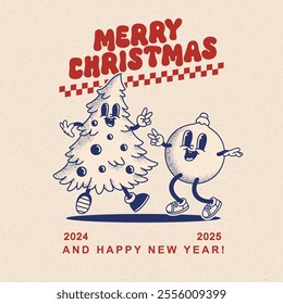 Merry Christmas and Happy New year smiling christmas tree and decoration ball in trendy retro cartoon style