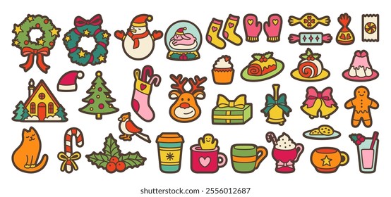 Merry Christmas and happy new year decorations doodle element set. Xmas items cartoon illustrations collection. Christmas tree, festive wreath, candy cane, glove sock gift, winter holiday decor vector