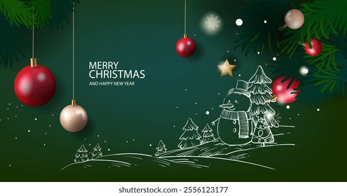 Merry Christmas and Happy New Year greeting cards vector illustration design. Christmas background with snowman, trees, balls, stars, lights for banner, cards, poster, cover.