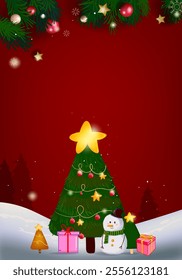 Merry Christmas and Happy New Year greeting cards vector illustration design. Christmas background with snowman, trees, balls, stars, lights for banner, cards, poster, cover.