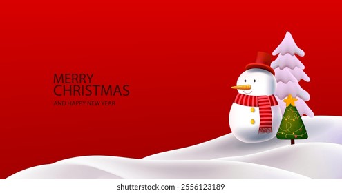 Merry Christmas and Happy New Year greeting cards vector illustration design. Christmas background with snowman, trees, balls, stars, lights for banner, cards, poster, cover.