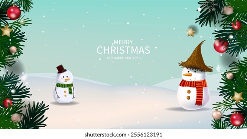 Merry Christmas and Happy New Year greeting cards vector illustration design. Christmas background with snowman, trees, balls, stars, lights for banner, cards, poster, cover.