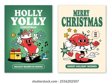 Merry Christmas and Happy New year. Groovy Holiday Socks and Santa hat character, holly jolly vibes in trendy retro cartoon style. Greeting cards, template, posters, prints and backgrounds. Vector