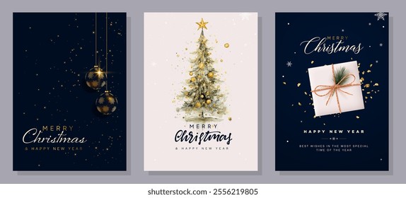 Merry Christmas and Happy New Year, luxury brochure covers, cards, greetings, posters, and holiday vector illustration set. Snowflakes, Christmas tree.