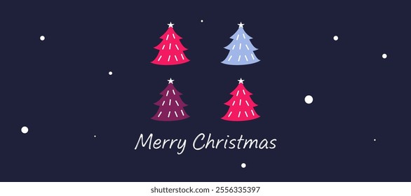 Merry christmas and happy new year simple greeting with colorful christmas tree and snow element on dark horizontal background for sale, advertisement, promotion, card, gift, poster, flyer and banner.