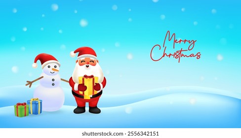Merry Christmas and Happy New Year Winter Scene with Santa claus and snowman on Blue Background