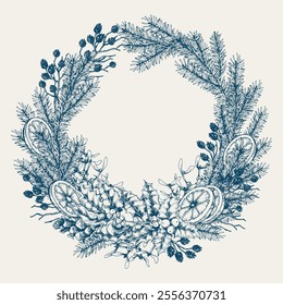 Merry Christmas and Happy New Year wreath with pine branches, holly berry and orange slices. Hand drawn vector illustration. Vintage blue shade card.