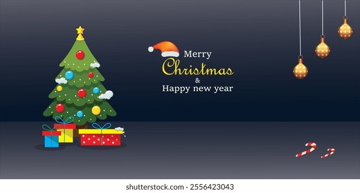 Merry Christmas and Happy new Year. A decorated Christmas tree with gifts, candy, snow and hanging Christmas ball against a dark blue background, conveying a cheerful and celebratory mood.