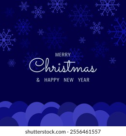 Merry Christmas and Happy New Year. Snowflakes Christmas card or event invitation template on blue background. Vector