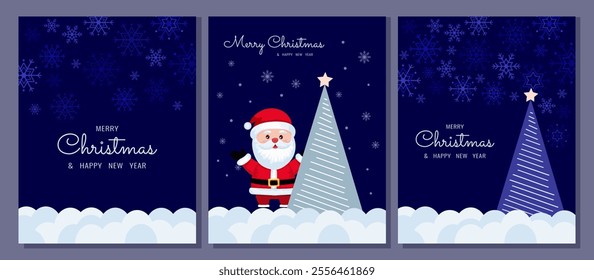 Merry Christmas and Happy New Year. Set of Christmas cards or event invitations with Santa, Christmas tree and snowflakes on blue background. Vector