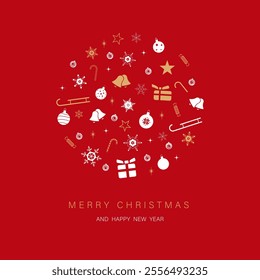 Merry Christmas and Happy New Year poster, postcard in three colors with elements of the New Year theme. Stars, snowflakes, balls, garlands, gifts.