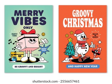 Merry Christmas and Happy New year. Groovy giftbox character and Snowman character, holly jolly vibes in trendy retro cartoon style. Greeting cards, template, posters, prints and backgrounds. Vector