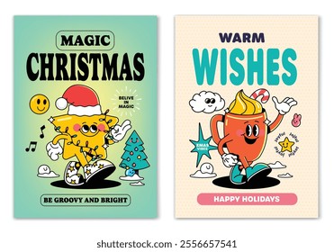 Merry Christmas and Happy New year. Christmas Star Character, Cup character, holly jolly vibes in trendy retro cartoon style. Greeting cards, template, posters, prints and backgrounds. Vector