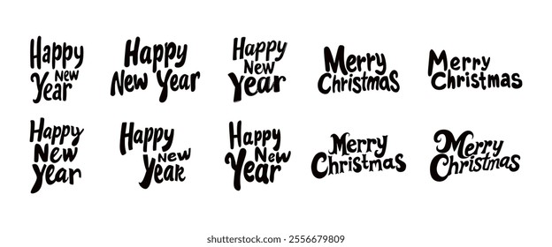 Merry Christmas and Happy New Year, silhouette lettering set. Black vector illustration isolated on white background