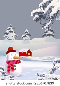 Merry Christmas and Happy New Year greeting cards vector illustration design. Christmas background with snowman, trees, balls, stars, lights for banner, cards, poster, cover.