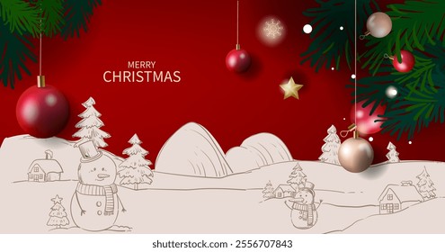 Merry Christmas and Happy New Year greeting cards vector illustration design. Christmas background with snowman, trees, balls, stars, lights for banner, cards, poster, cover.