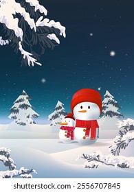 Merry Christmas and Happy New Year greeting cards vector illustration design. Christmas background with snowman, trees, balls, stars, lights for banner, cards, poster, cover.