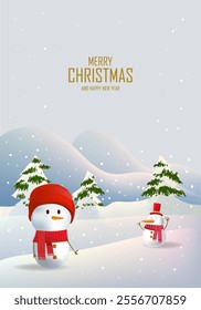 Merry Christmas and Happy New Year greeting cards vector illustration design. Christmas background with snowman, trees, balls, stars, lights for banner, cards, poster, cover.