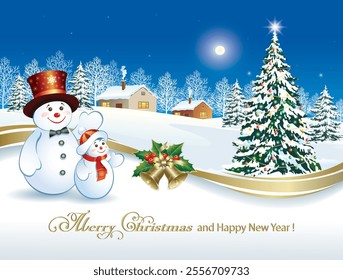 Merry Christmas and Happy New Year 2025. Greeting card with Christmas tree and funny snowmen on the background of winter snowy landscape with houses and trees. Vector 3D illustration.