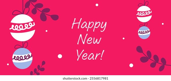 Merry christmas and happy new year simple greeting with bauble ornament, leaves and snow on red color horizontal background for sale, advertisement, promotion, card, gift, poster, flyer and banner.