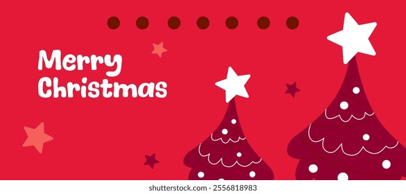 Merry christmas and happy new year simple greeting with trees ornament, typography and star on red color horizontal background for sale, advertisement, promotion, card, gift, poster, flyer and banner.