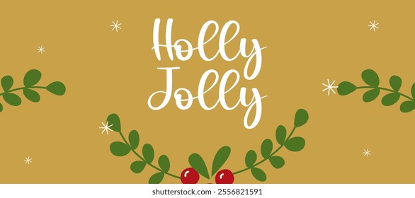 Merry christmas and happy new year simple greeting with berries, snow, ornament, typography on gold horizontal background for sale, advertisement, promotion, card, gift, poster, flyer and banner.