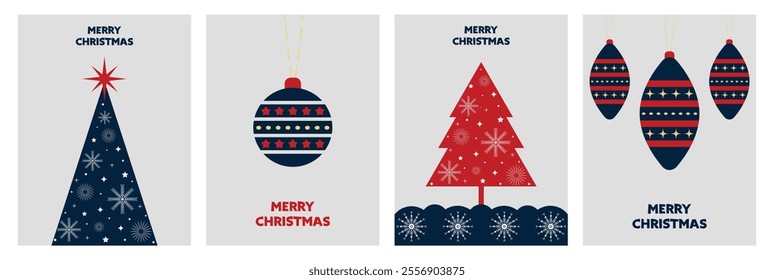 Merry Christmas and Happy New Year vertical flyer or poster template, card. Modern trendy minimal style. Christmas tree, ball, New Year's stocking, mitten, snowflakes. Vetor illustration, EPS 10.