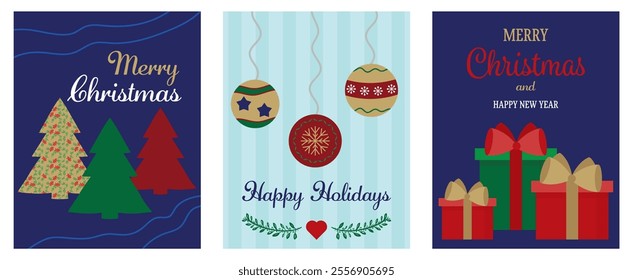 Merry Christmas and Happy New Year. Set of greeting cards, posters, holiday covers with snowflakes, Christmas trees, gifts, Christmas tree toys. Postcard, frame border, decor. Vector illustration